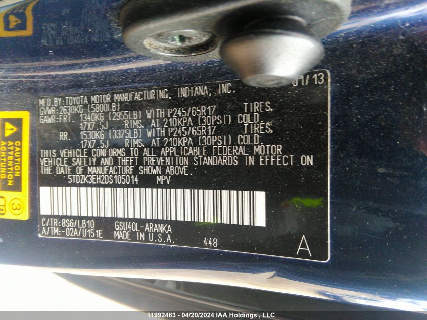 2013 Toyota Highlander Se V6 VIN: 5TDZK3EH2DS105014 Lot: 11992483