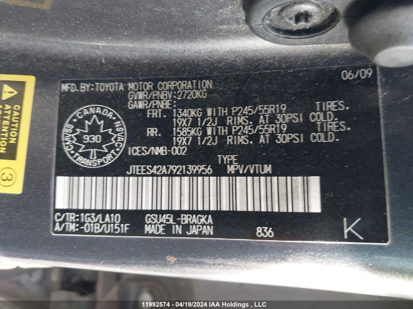 2009 Toyota Highlander Limited VIN: JTEES42A792139956 Lot: 11992574