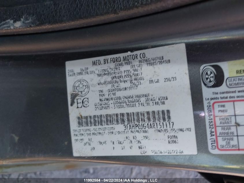 2010 Ford Fusion VIN: 3FAHP0JG4AR151117 Lot: 11992584