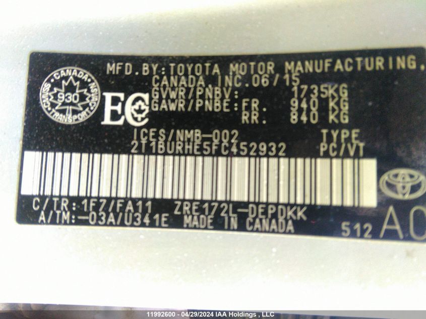 2015 Toyota Corolla L/Le/Le Pls/Prm/S/S Pls VIN: 2T1BURHE5FC452932 Lot: 11992600