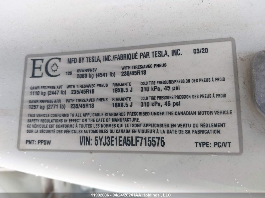 2020 Tesla Model 3 VIN: 5YJ3E1EA5LF715576 Lot: 11992606