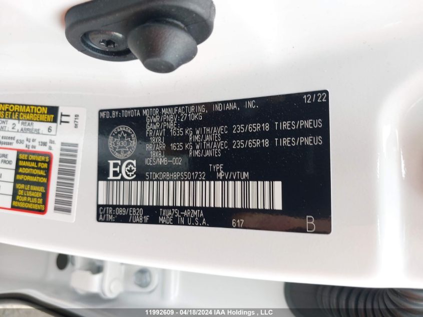 2023 Toyota Highlander L/Le/Xle/Limited/Platinum/Xse VIN: 5TDKDRBH8PS501732 Lot: 11992609