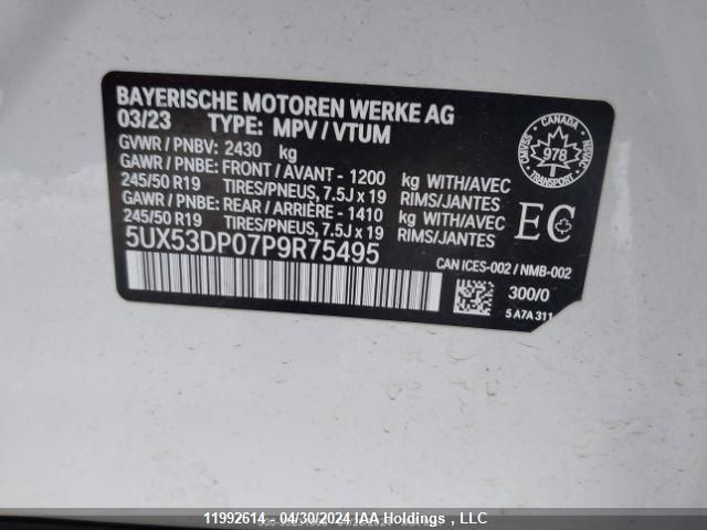 2023 BMW X3 VIN: 5UX53DP07P9R75495 Lot: 11992614