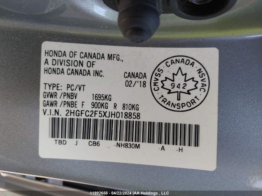 2018 Honda Civic Sedan VIN: 2HGFC2F5XJH018858 Lot: 39240454