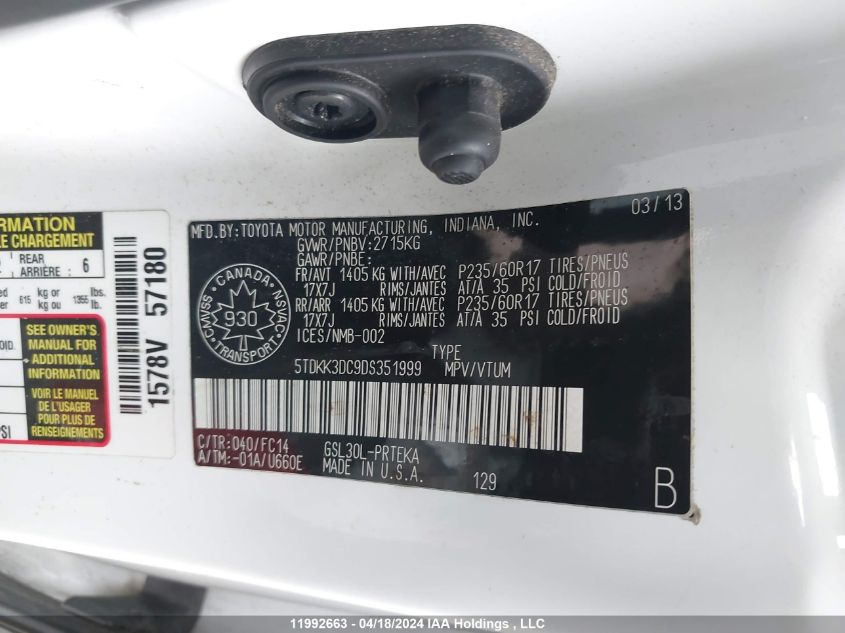 2013 Toyota Sienna Le VIN: 5TDKK3DC9DS351999 Lot: 11992663