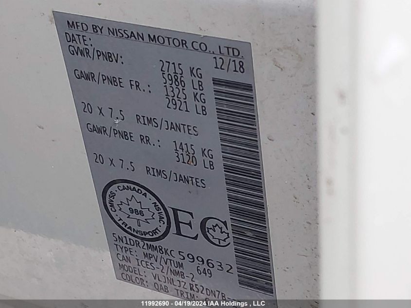 2019 Nissan Pathfinder S/Sl/Sv/Platinum VIN: 5N1DR2MM8KC599632 Lot: 11992690