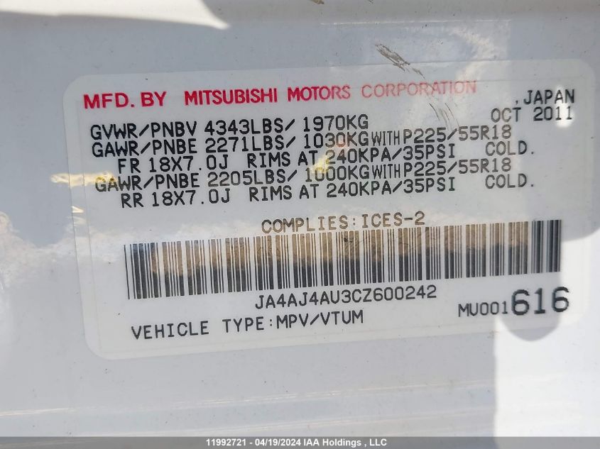 2012 Mitsubishi Rvr VIN: JA4AJ4AU3CZ600242 Lot: 11992721