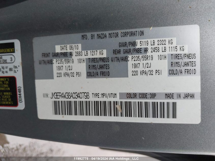 2010 Mazda Cx-7 VIN: JM3ER4W38A0340798 Lot: 11992775