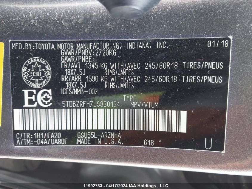 2018 Toyota Highlander Le/Le Plus VIN: 5TDBZRFH7JS830134 Lot: 11992783