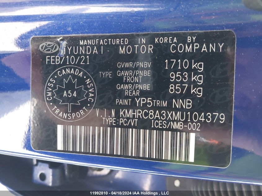 2021 Hyundai Venue Preferred VIN: KMHRC8A3XMU104379 Lot: 11992810