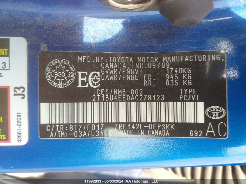 2010 Toyota Corolla VIN: 2T1BU4EE0AC278123 Lot: 11992833