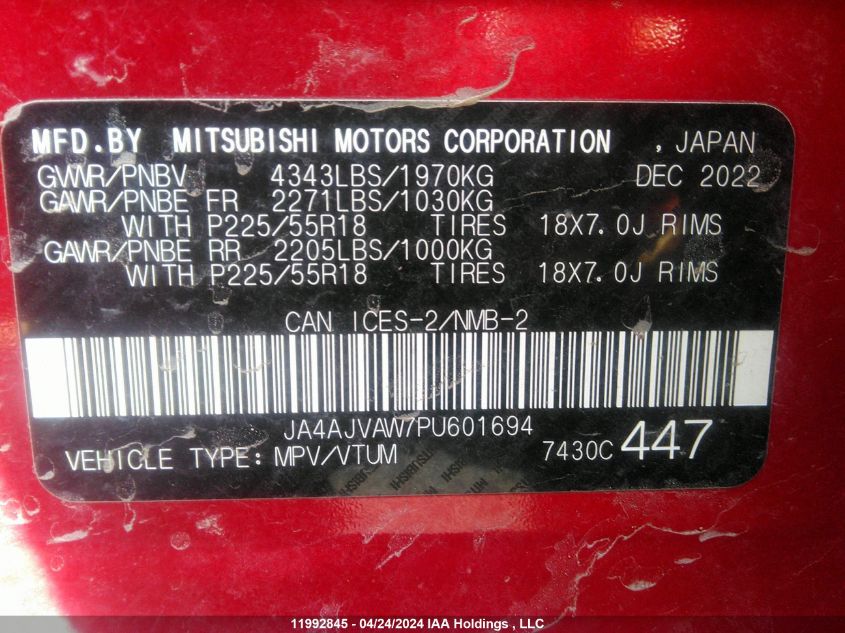 2023 Mitsubishi Rvr Se/Sel/Le/Gt VIN: JA4AJVAW7PU601694 Lot: 11992845