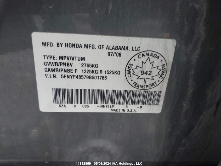 2009 Honda Pilot VIN: 5FNYF48579B501765 Lot: 11992859