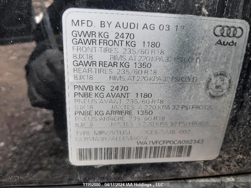 2012 Audi Q5 Prestige VIN: WA1VFCFP0CA092343 Lot: 11992880