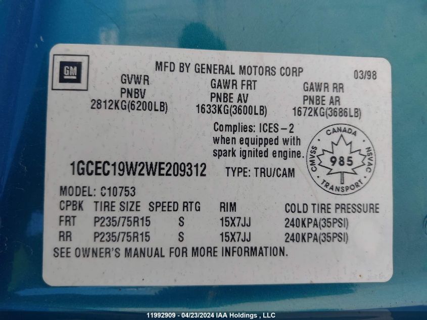1998 Chevrolet Gmt-400 C1500 VIN: 1GCEC19W2WE209312 Lot: 11992909