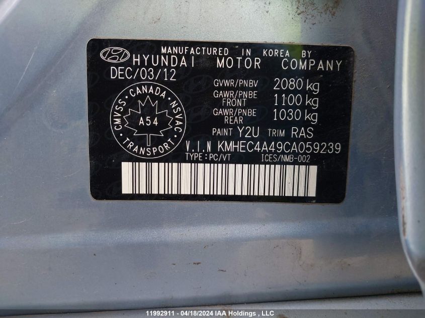 2012 Hyundai Sonata Hybrid VIN: KMHEC4A49CA059239 Lot: 11992911