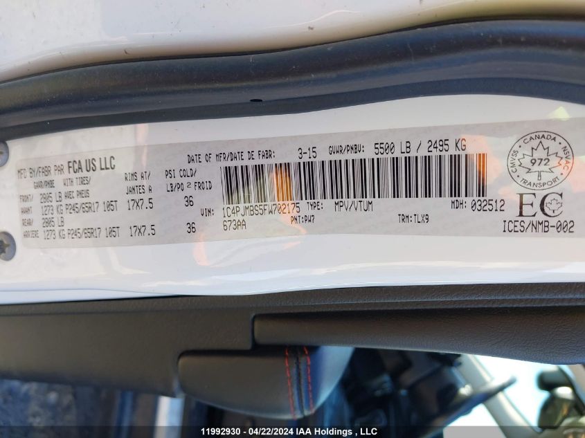 2015 Jeep Cherokee VIN: 1C4PJMBS5FW702175 Lot: 11992930