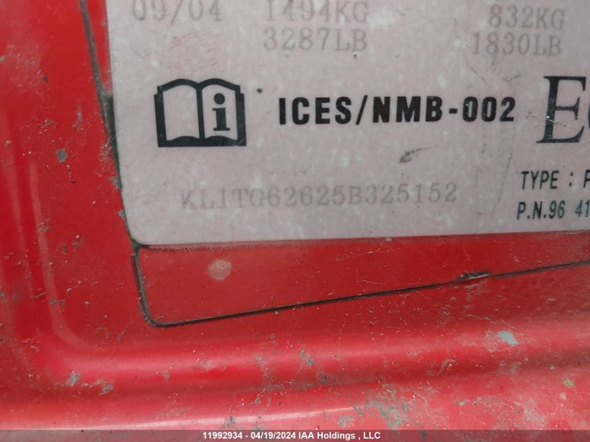 2005 Chevrolet Aveo VIN: KL1TG62625B325152 Lot: 11992934