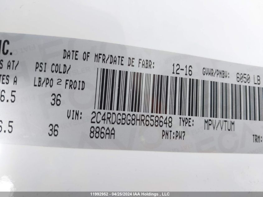 2017 Dodge Grand Caravan Se VIN: 2C4RDGBG8HR658648 Lot: 11992952