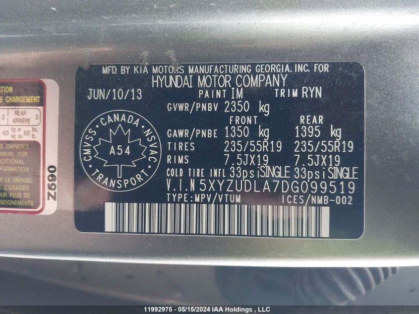 2013 Hyundai Santa Fe VIN: 5XYZUDLA7DG099519 Lot: 11992975
