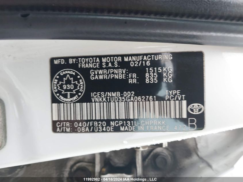 2016 Toyota Yaris L/Le/Se VIN: VNKKTUD35GA062761 Lot: 11992982