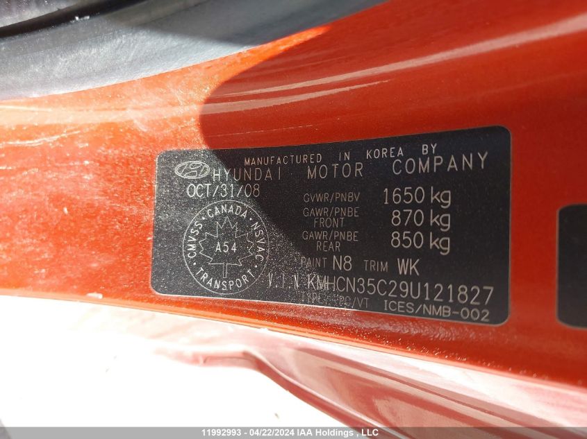 2009 Hyundai Accent VIN: KMHCN35C29U121827 Lot: 11992993