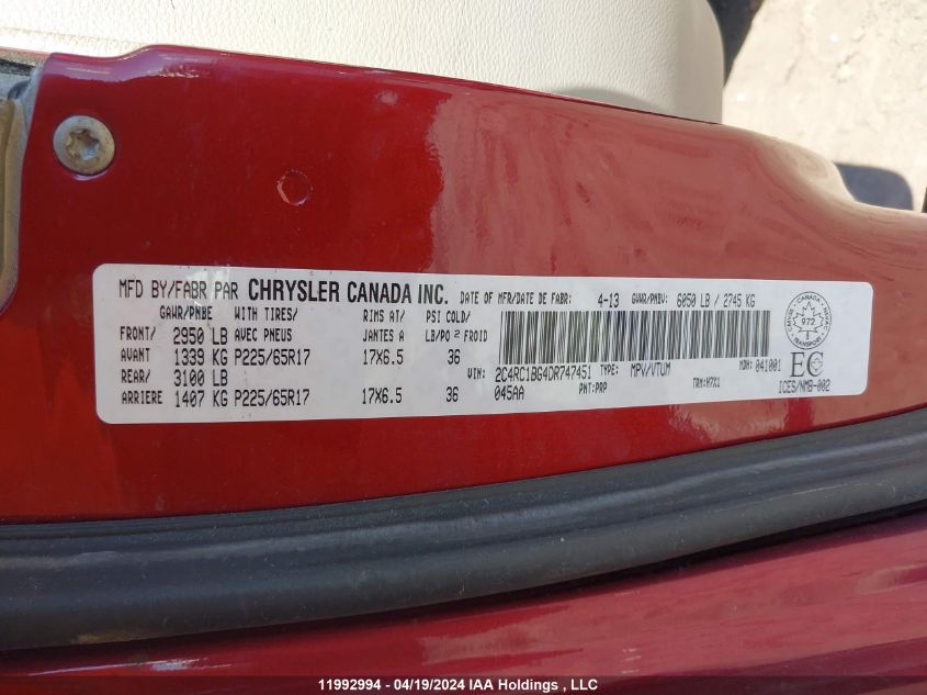 2013 Chrysler Town & Country VIN: 2C4RC1BG4DR747451 Lot: 11992994