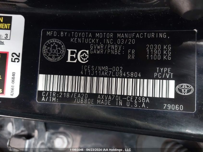 2020 Toyota Camry Se VIN: 4T1J11AK7LU945804 Lot: 11993046