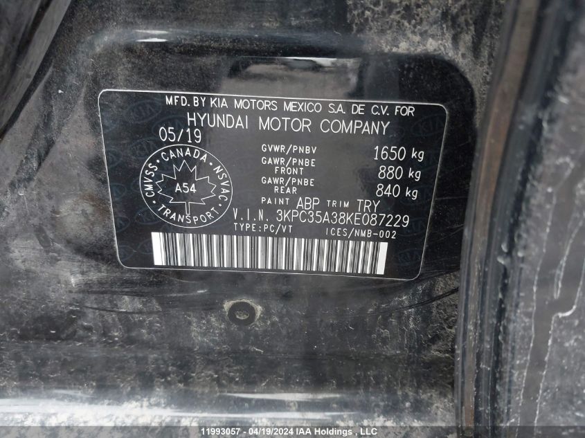 2019 Hyundai Accent VIN: 3KPC35A38KE087229 Lot: 11993057