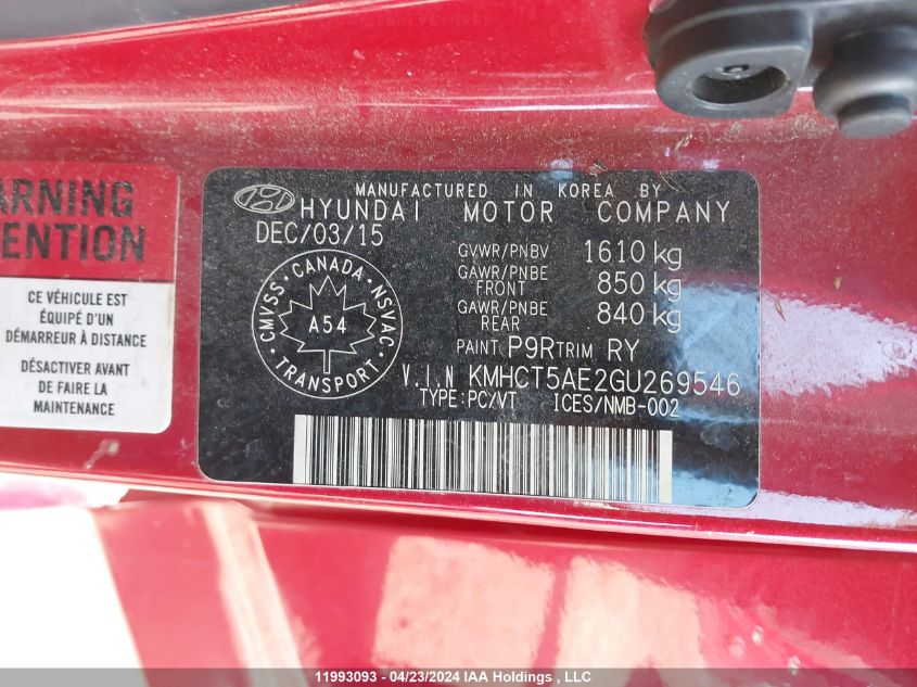 2016 Hyundai Accent Se VIN: KMHCT5AE2GU269546 Lot: 11993093