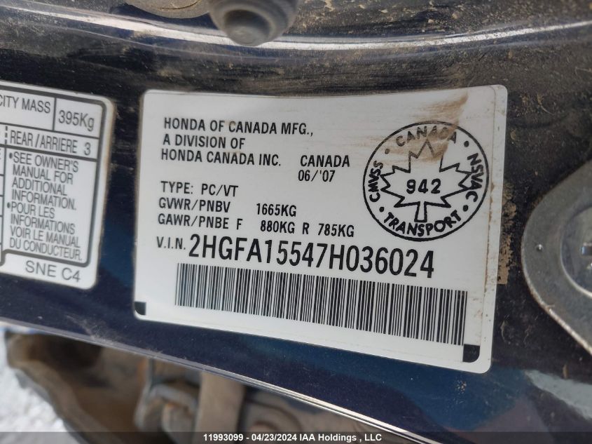 2007 Honda Civic Sdn VIN: 2HGFA15547H036024 Lot: 11993099