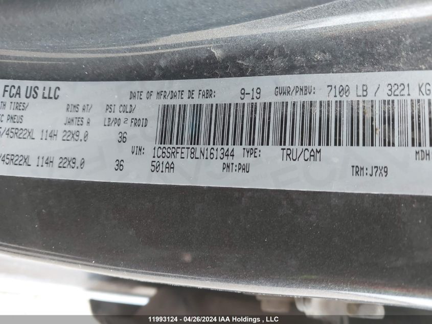 2020 Ram 1500 Rebel VIN: 1C6SRFET8LN161344 Lot: 11993124