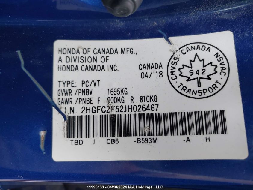 2018 Honda Civic Sedan VIN: 2HGFC2F52JH026467 Lot: 11993133