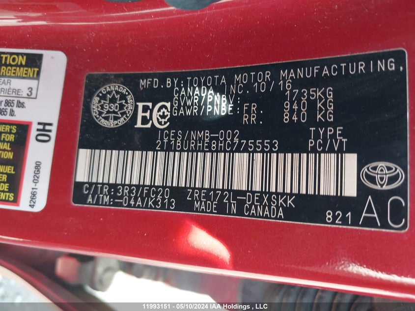 2017 Toyota Corolla L/Le/Xle/Se/Xse VIN: 2T1BURHE8HC775553 Lot: 11993151