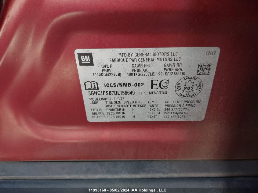 2013 Chevrolet Trax VIN: 3GNCJPSB7DL156649 Lot: 11993168