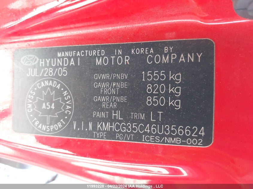 2006 Hyundai Accent Gt/Gl/Gls VIN: KMHCG35C46U356624 Lot: 11993228