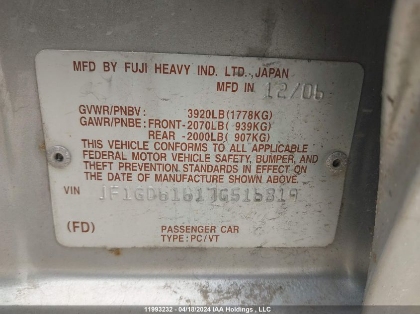 2007 Subaru Impreza 2.5I VIN: JF1GD61617G516819 Lot: 11993232