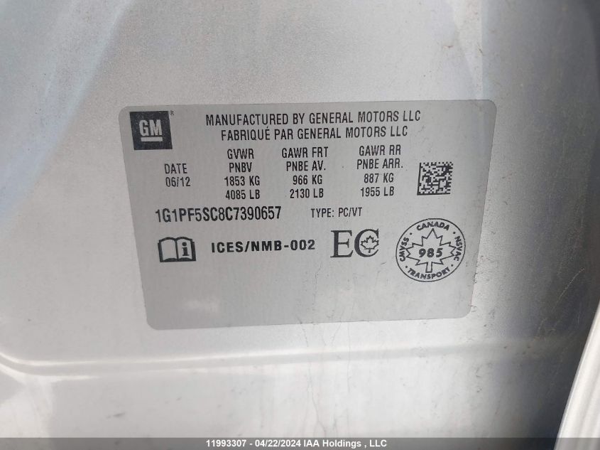 2012 Chevrolet Cruze Lt VIN: 1G1PF5SC8C7390657 Lot: 11993307