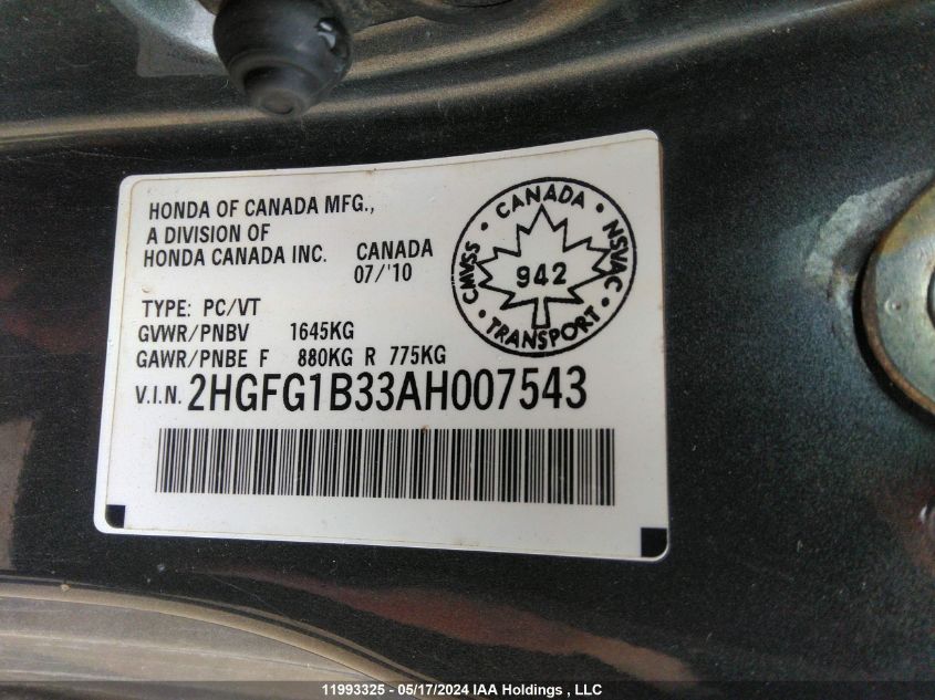 2010 Honda Civic Cpe VIN: 2HGFG1B33AH007543 Lot: 11993325