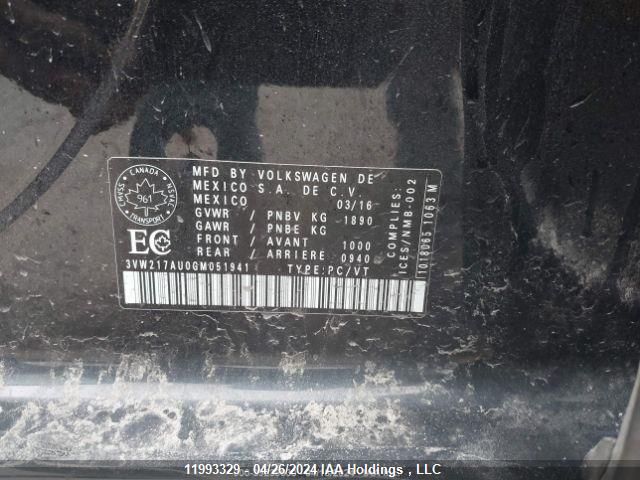 2016 Volkswagen Golf VIN: 3VW217AU0GM051941 Lot: 11993329