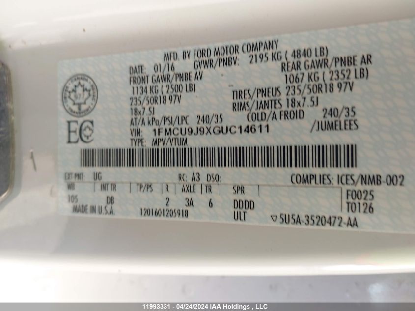 2016 Ford Escape Titanium VIN: 1FMCU9J9XGUC14611 Lot: 11993331