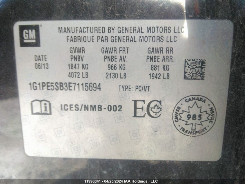 2014 Chevrolet Cruze VIN: 1G1PE5SB3E7115694 Lot: 11993341