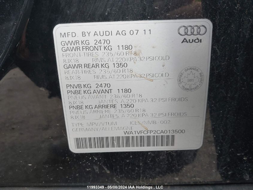2012 Audi Q5 VIN: WA1VFCFP2CA013500 Lot: 11993349