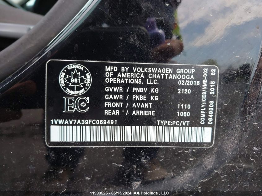 2015 Volkswagen Passat VIN: 1VWAV7A39FC069491 Lot: 11993525