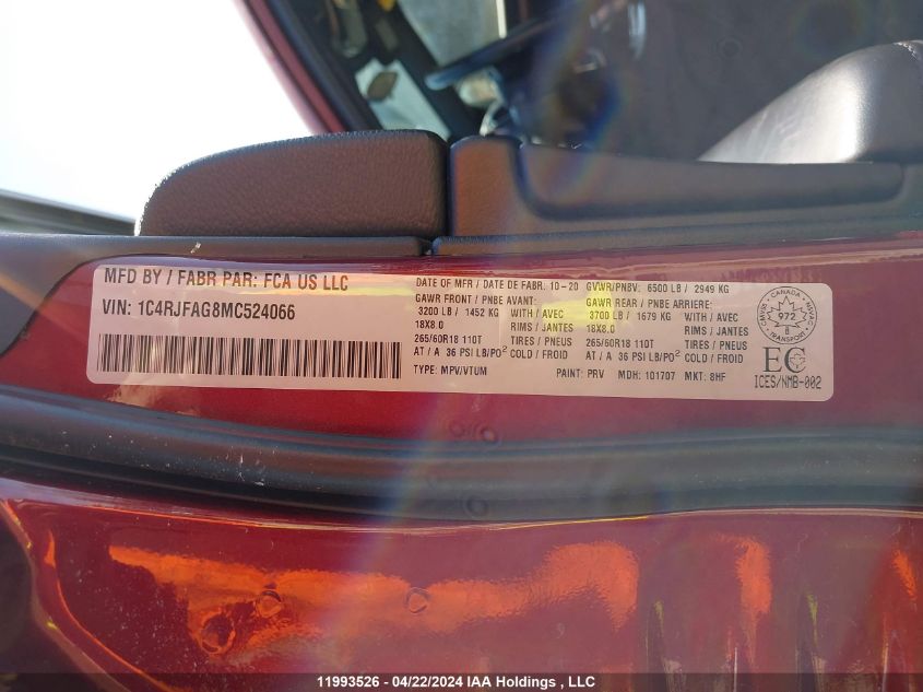 2021 Jeep Grand Cherokee VIN: 1C4RJFAG8MC524066 Lot: 11993526