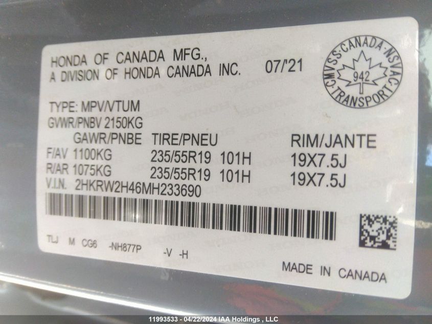 2021 Honda Cr-V VIN: 2HKRW2H46MH233690 Lot: 11993533