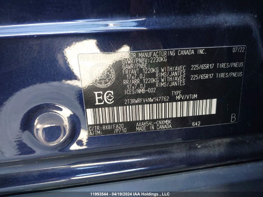 2022 Toyota Rav4 Hybrid Xle VIN: 2T3RWRFV4NW147762 Lot: 11993544