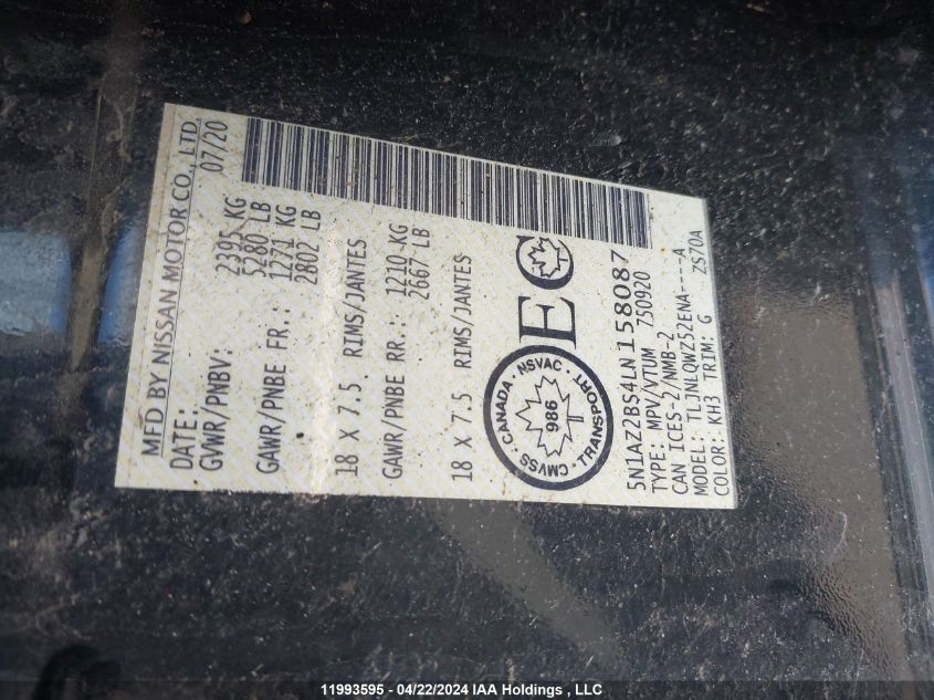 2020 Nissan Murano VIN: 5N1AZ2BS4LN158087 Lot: 11993595