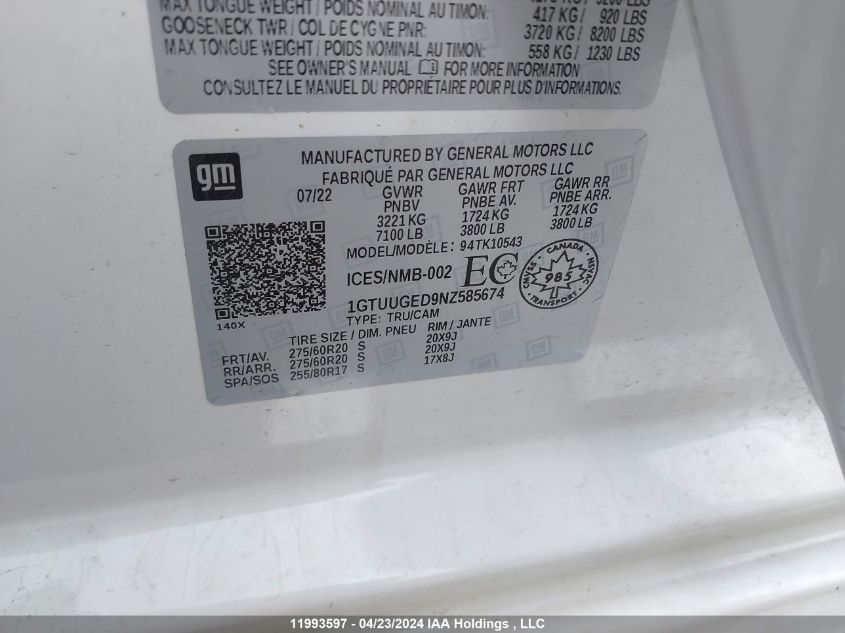 2022 GMC Sierra 1500 VIN: 1GTUUGED9NZ585674 Lot: 11993597