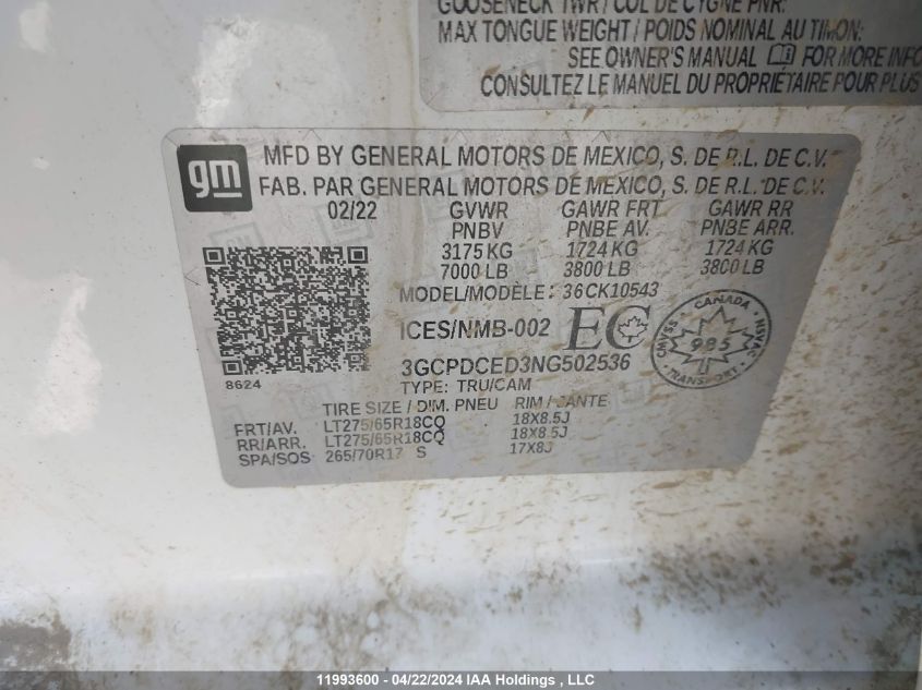 2022 Chevrolet Silverado 1500 VIN: 3GCPDCED3NG502536 Lot: 11993600